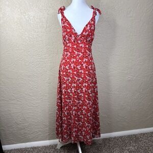 Zara Babydoll Maxi Sundress Red Floral V Neck Sleeveless Size M Coquette Fairy